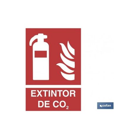 Panneau luminescent 210x148mm pour extincteur CO2, design variable mais signification fixe.