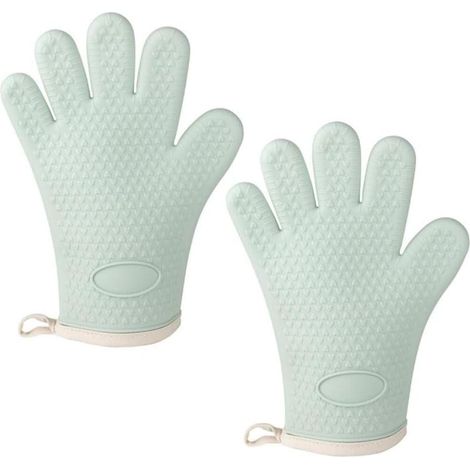 Set aus zwei hitzebeständigen, wasserdichten und rutschfesten Silikonhandschuhen mit Fingerschutz (grün).