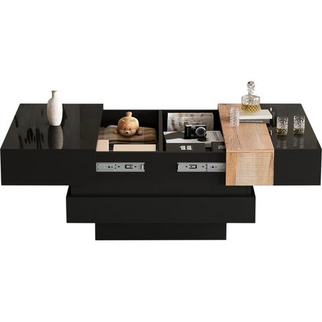 Table basse carrée avec rangement caché, plateau extensible, noir et bois bicolore, 70x70x39 cm (1/5)