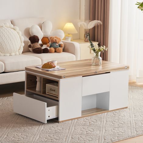 REDOM Table basse 100x51x47 cm relevable double plateau panneau de particules grande capacité blanc et couleur naturelle (1/5)