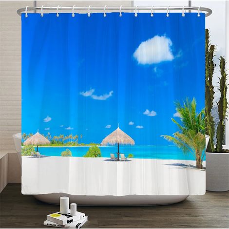 Rideau de douche 3D motif plage, rideau de salle de bain mer Méditerranée, tissu imperméable, 240 x 180 cm