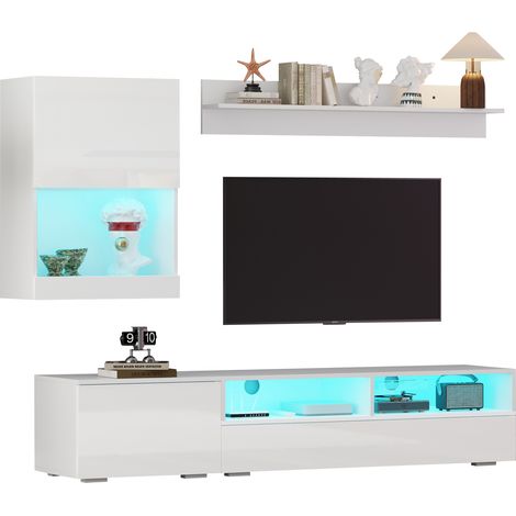 175×39×34 cm Ensemble mural TV avec vitrine (set complet 3 pièces), étagère sur pied et étagère murale,meuble TV salon avec LED et finition brillante, à poser et à suspendre,pour TV jusqu’à 80 pouces (1/5)