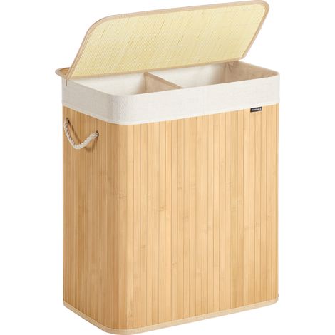 Songmics – Panier à linge 100 L – 2 compartiments de tri – Couvercle en bambou – Sac amovible lavable en machine – Dimensions 52 x 32 x 61 cm (1/5)