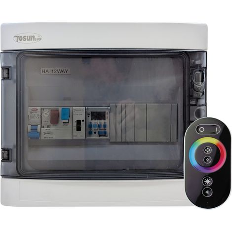 Cuadro Eléctrico para Piscina en Caja IP65 de Alta Calidad Bomba hasta 0,5CV Transformador 60W/DC, Contactor y controlador RGB 4 hilos