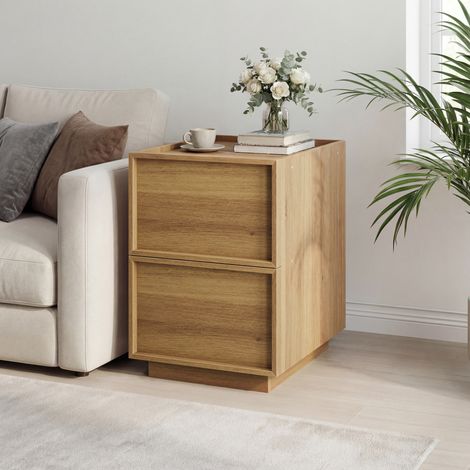 Comodino 38x48x55 cm, design minimalista senza maniglia, due cassetti, MDF, rovere (1/5)