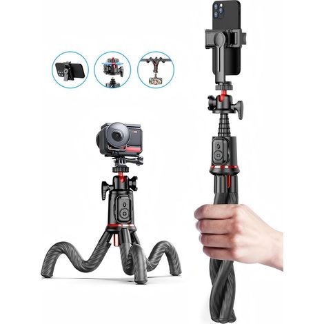Trépied pieuvre + perche à selfie télescopique 2 en 1, réglable à 360°, télécommande Bluetooth, support universel pour appareil photo de téléphone portable