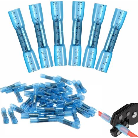 50pcs Bornes Sans Soudure pour Fil 16-14 AWG Connecteurs de Fils 16-14 AWG Thermorétractables Étanches en Cuivre Étainé Bleu pour Câblage Électrique Automobile Maison (1/5)