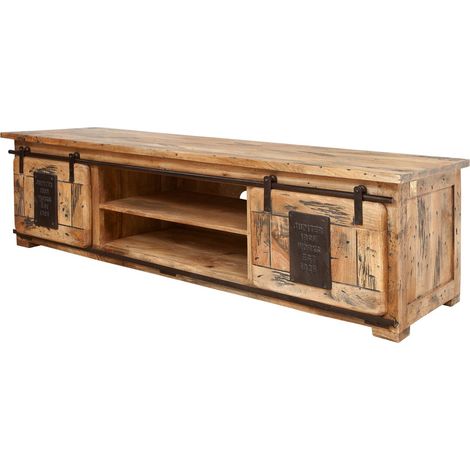 Massivmoebel24 – Meuble TV 180x55 en manguier laqué – Style industriel RAILWAY – Bois naturel avec finitions métalliques – Ambiance vintage (1/3)