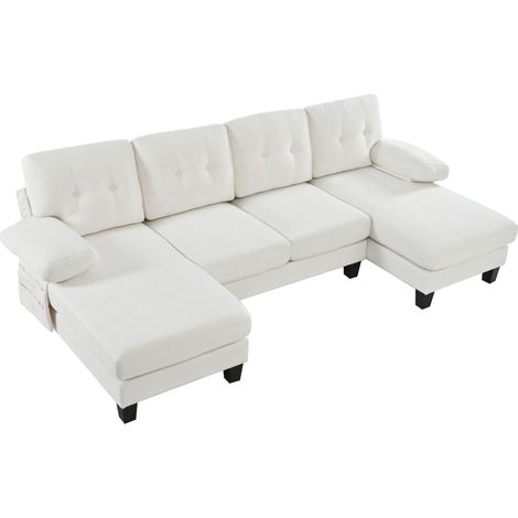 Sofá en U de 4 plazas de chenilla beige con chaise longue y respaldo ajustable (1/5)