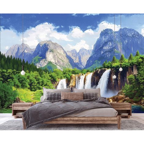 Vlies Fototapete Berge Gebirge 200x140 cm, Tapeten, für Wohn und Schlafzimmer, Vliestapete Wandtapete Tapete 3D Effekt- inkl. Kleister - Landschaft Natur Wasserfall, WallArena (1/4)