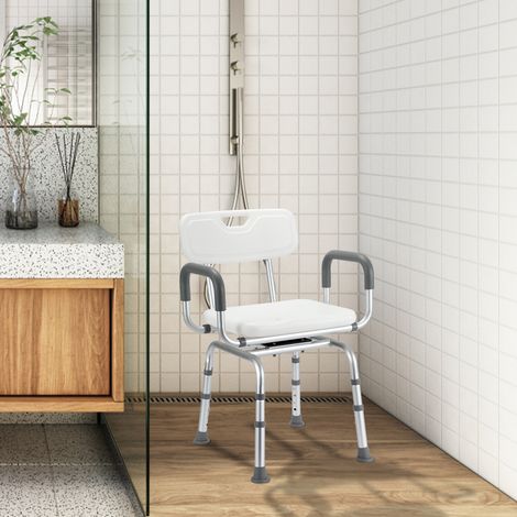 Jiubiaz Silla de ducha regulable en altura para personas mayores, asiento de ducha giratorio 360° con respaldo, reposabrazos y patas de goma antideslizantes (1/5)