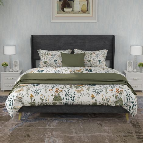 Cama tapizada minimalista moderna con cabecero suave, 140x200 cm, gris, mueble de dormitorio multifuncional, base de perfil bajo (diseño sin almacenamiento), colchón no incluido. (1/5)