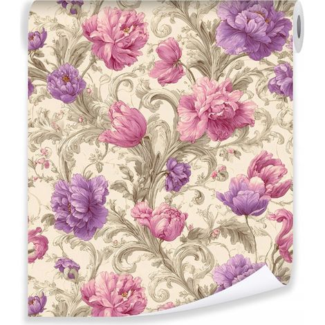 Papier peint fleurs roses sur mur molletonné Papier peint salon chambre coucher (1/3)