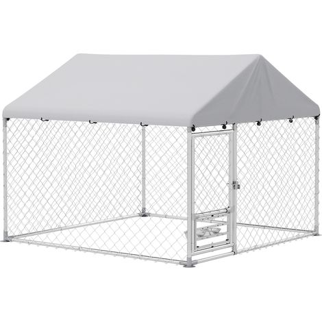 Corral para perros de acero galvanizado con toldo resistente y comedero para perros, 200x200x154 cm, color plata (1/5)