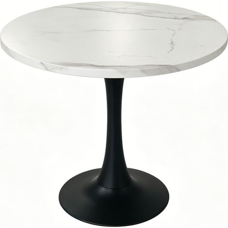 Table à manger ronde 80 cm en bois effet marbre blanc avec piètement métal noir pour 2-4 personnes (1/5)
