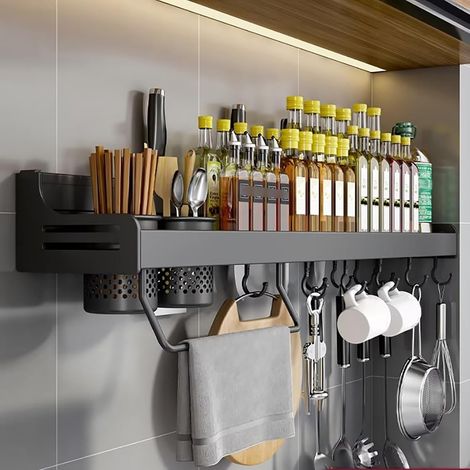 1 Étagère Murale Métal, Sans Perçage, 40 cm, Avec Crochets Et Tasses, Cuisine Salle De Bain (1/5)