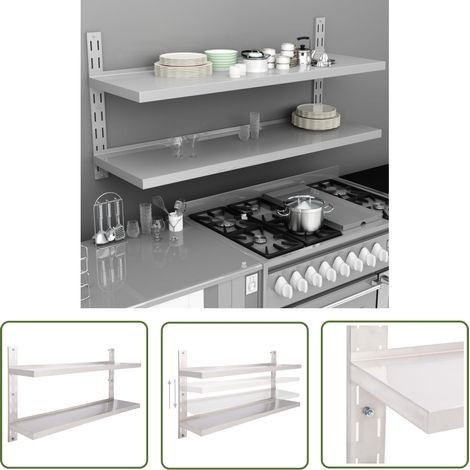 The Living Store Étagère murale à 2 niveaux Acier inoxydable 150x30 cm - Étagère Murale - Étagère Cuisine - Rangement Mural - Étagère Inox - Étagère Flottante (1/5)