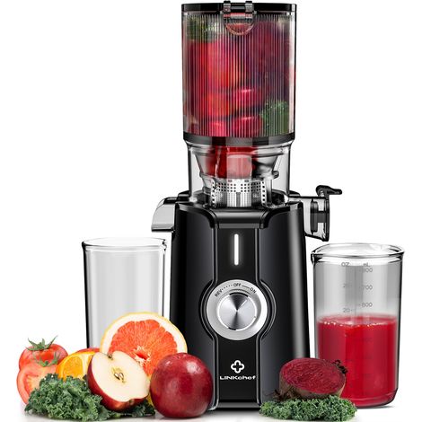 LINKChef SJ-051-EU-BL Extracteur de jus lent Centrifugeuse - CE Certifié 200W Puissance 1.2L Grande capacité Deux plateaux d'alimentation Légumes prêts à l'emploi - Noir (1/5)