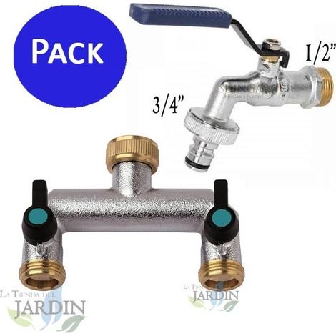 Grifo de jardín 1/2" + bifurcador 2 salidas metal ideal para dividir el flujo de agua en sistemas de riego (1/5)