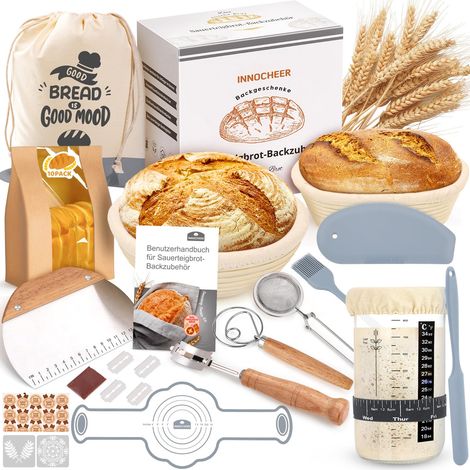 Panier de fermentation gris pour levain - Kit de démarrage - Avec panier de fermentation de 25 cm et 23 cm - Avec panier de fermentation à pain - Verre de démarrage au levain - Cadeau pour débutants (1/5)