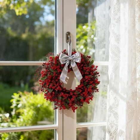 Couronne de porte en houx - - 50 cm - Baies rouges - Feuillage vert - Décoration naturelle - Noël (1/4)