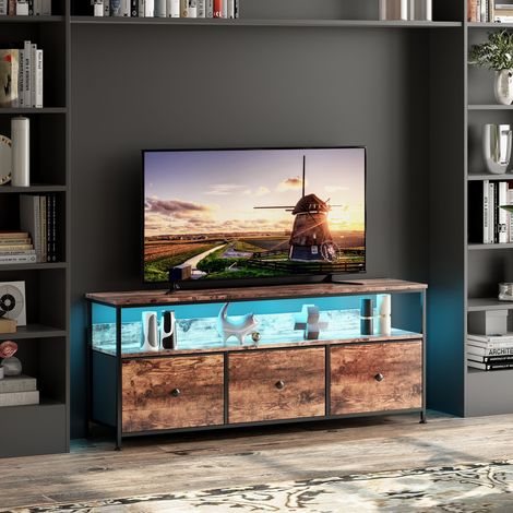 Meuble TV,Meuble TV LED,Meuble TV haut,4 Tiroirs de rangement pratique,Éclairage LED,108×29.8×76.8 cm,Métal noir+Marron rustique (1/5)