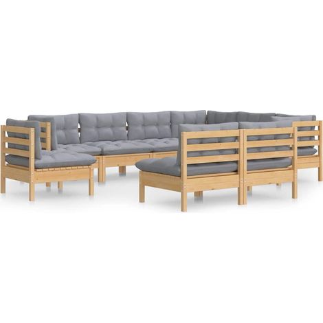 Terrassensofa - 9-tlg. Garten-Lounge-Set mit Grauen Kissen Kiefer Massivholz (1/5)