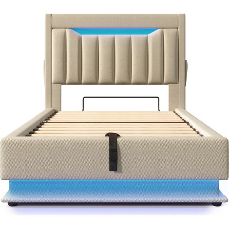 Lit capitonné 160x200 cm – Tête de lit avec USB+Type-C, LED tête/pied (60k couleurs), rangement hydraulique, housse lin beige – Sans matelas (1/5)