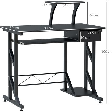 Bureau d'ordinateur gain de place en acier et bois avec tiroirs, tablette coulissante pour clavier, 90 x 50 x 100 cm, noir (1/5)
