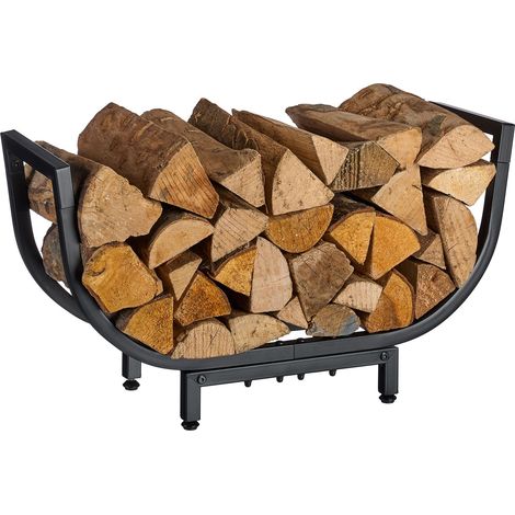 Relaxdays Kaminholzregal, Metall, HxBxT: 35 x 65 x 21 cm, Kaminholzhalter innen, geschwungener Kaminholzkorb, schwarz