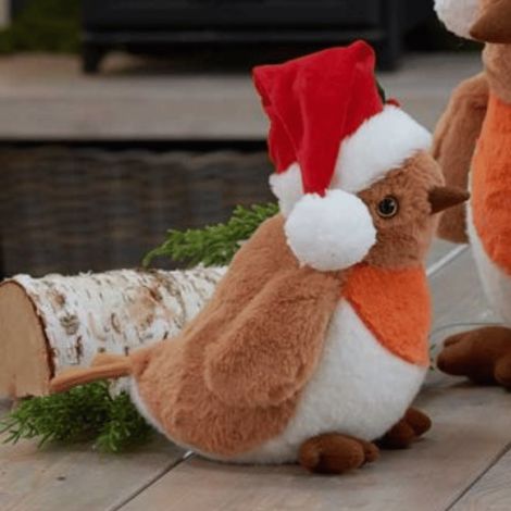 40cm Large Plush Christmas Robin Decoration with Santa Hat (1/2)