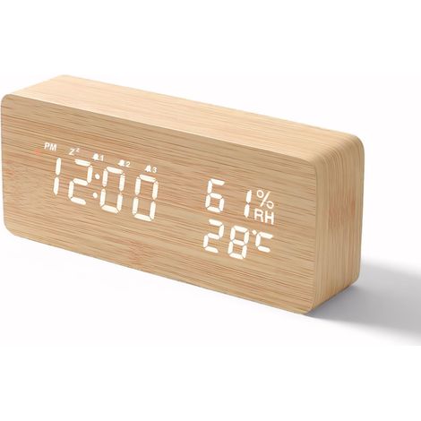 LED Réveil Électronique en Bois, Horloge Numérique avec 3 Réglages d'Alarme, Numérique Réveil Alimenté par USB Affichage de l'Heure, de la Température et de l'Humidité,12/24 Heure (1/5)