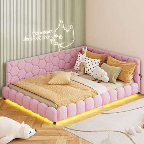 JOOKGBD- Polsterbett 140x200 cm, Schlafsofa, Doppelbett, Jugendbett, Tagesbett mit 16 LED-Farben und USB-Anschluss, für Wohnzimmer Schlafzimmer, Samt, MDF, Rosa