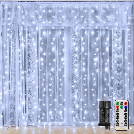 Rideau lumineux intérieur et extérieur - 2 x 2 m - 200 LED - Avec télécommande - Minuterie - Intensité variable - Pour fenêtre, Noël, chambre à coucher - Blanc chaud (1/5)