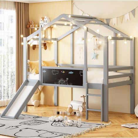 Lit enfant 90x200 mezzanine avec toboggan, bois gris HAVRYA (1/5)