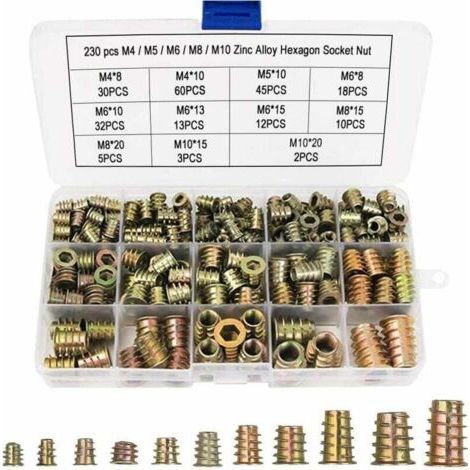 230 Stück Sechskantmuttern M4 M5 M6 M8 M10 mit Gewindeeinsätzen, Sechskant-Gewindeeinsatzmuttern aus Zinklegierung, für Holzmöbel, mit Kunststoffbox - INHHUB