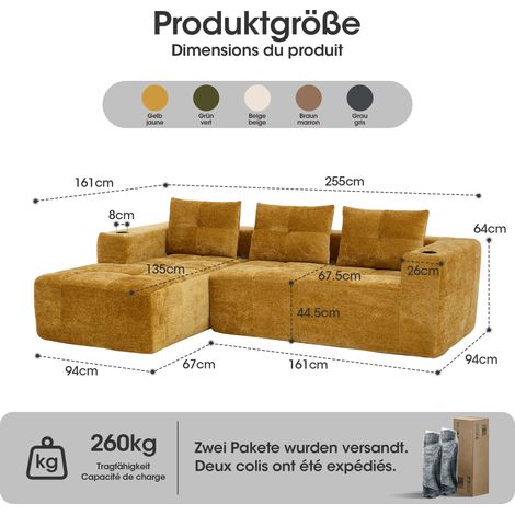 Canapé d'angle 258 cm, rembourrage compressé, 3 coussins - assise minimaliste et confortable, parfait pour petit salon ou appartement classique (1/4)