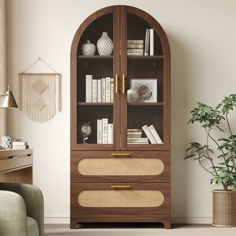 Vitrine mit Montmartre-Bogen, Glastüren und 2 Schubladen, MDF in Nussbaumoptik, 80 x 40 x 175 cm (1/5)