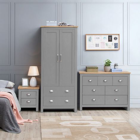 3 – Piece Bedroom Furniture Set Light Grey Wardrobe 3+2+2 Chest 2 Drawer Bedside Oak Top (1/5)