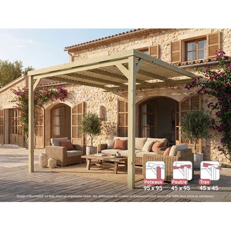 Pergola adossée en bois Montpellier 300 x 300 cm + 2 supports surélevés - Maderland (1/4)