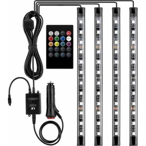 12V LED éclairage intérieur de voiture avec 4 pièces 48 RGB, 3 m de bandes LED multicolores de voiture, bande lumineuse contrôlable avec télécommande, éclairage étanche pour allume-cigare (1/5)