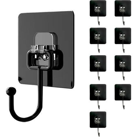 Pack of 10 Adhesive Wall Hooks (Maximum 30 kg) - Black - Waterproof and Traceless - Wall Mounting Without Drilling for Bathroom, Ceiling, Wall Hook, Kitchen Utensils, Keys, Backpack (1/5)