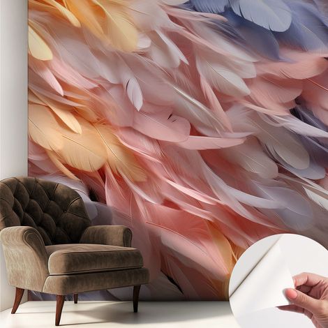 Papier peint adhésif décoratif pour chambre et salon Design moderne à poser facilement Plumes pastel 250x250 cm (1/5)