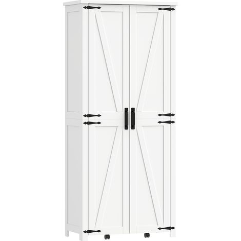 Buffet haut cuisine, armoire cuisine, 2 portes avec roulette, 6 compartiments, 14 porte-racks, étagères réglables, blanc