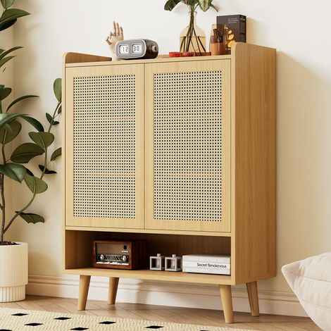Meuble à chaussures en rotin naturel, armoire à chaussures avec 2 portes et 5 étagères, pour entrée. Poignées en bois et pieds en bois massif. Dimensions : L80/H105/P35 cm. (1/5)