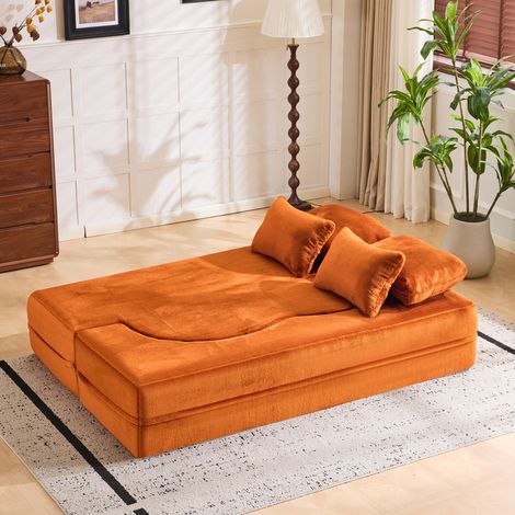 Grand canapé de sol orange moderne avec 4 coussins décoratifs, canapé confortable en flanelle, matelas pliant en mousse haute densité, idéal pour le salon, la chambre d'amis ou la chambre à coucher, a (1/5)