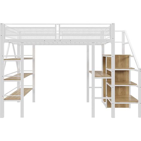 Lit mezzanine 140x200cm, étagère triple, bureau, armoire, échelle sécurisée avec rangement, garde-corps haut, lit en fer, lit simple, blanc (1/5)