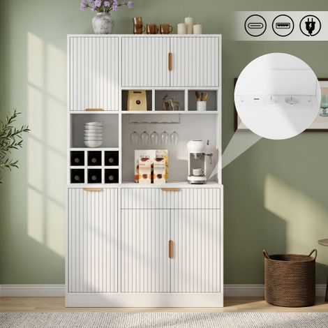 Aparador alto para comedor de 100×40×175 cm, con varios niveles de almacenamiento, toma de corriente integrada y puertos USB-C y USB-A, incluye botellero y soporte para copas de vino, color blanco. (1/5)
