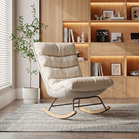 Fauteuil scandinave en Bois, Fauteuil à Bascule, Rocking Chair, Structure en bois massif et métal, lin beige, 72 x 83 x 93 cm