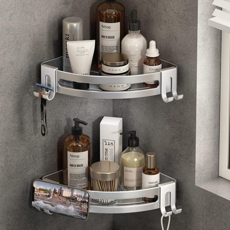 Etagere Douche Angle Sans Percage, 2 Pieces Etagere Angle Salle De Bain avec Porte Serviettes et Crochets, Adhesif Rangement et Organisation de La Salle de Bain Support Gel Douche(Argent) (1/5)